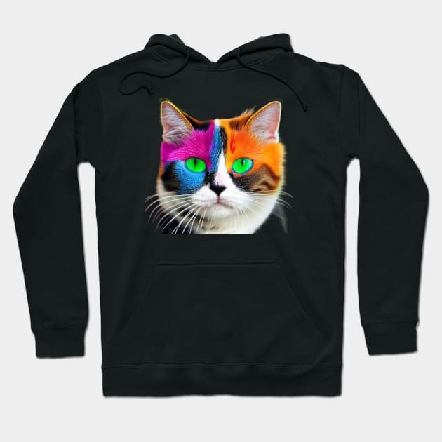 Cat With Vibrant Colors of Blue, Red, Yellow and Green Hoodie by Print1On